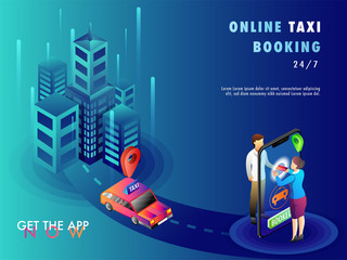Wall Mural - isometric illustration of people booking a cab using mobile app with map, navigation points, and tax