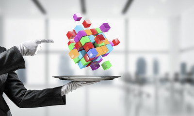 Wall Mural - Hand of waiter presenting cubes on tray.