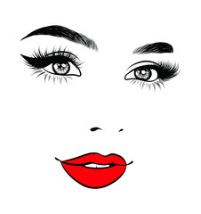 Cute portrait girl with classic retro curly hair.Close up look , cat eye with long eyelashes and full shaped eyebrows, perfect red lips shape.Hand-drawn idea for business visit card 