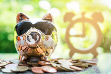 Cute Piggy Bank With Gold Coin And Wooden Clock With Green Bokeh Background.Buy Time Concept.