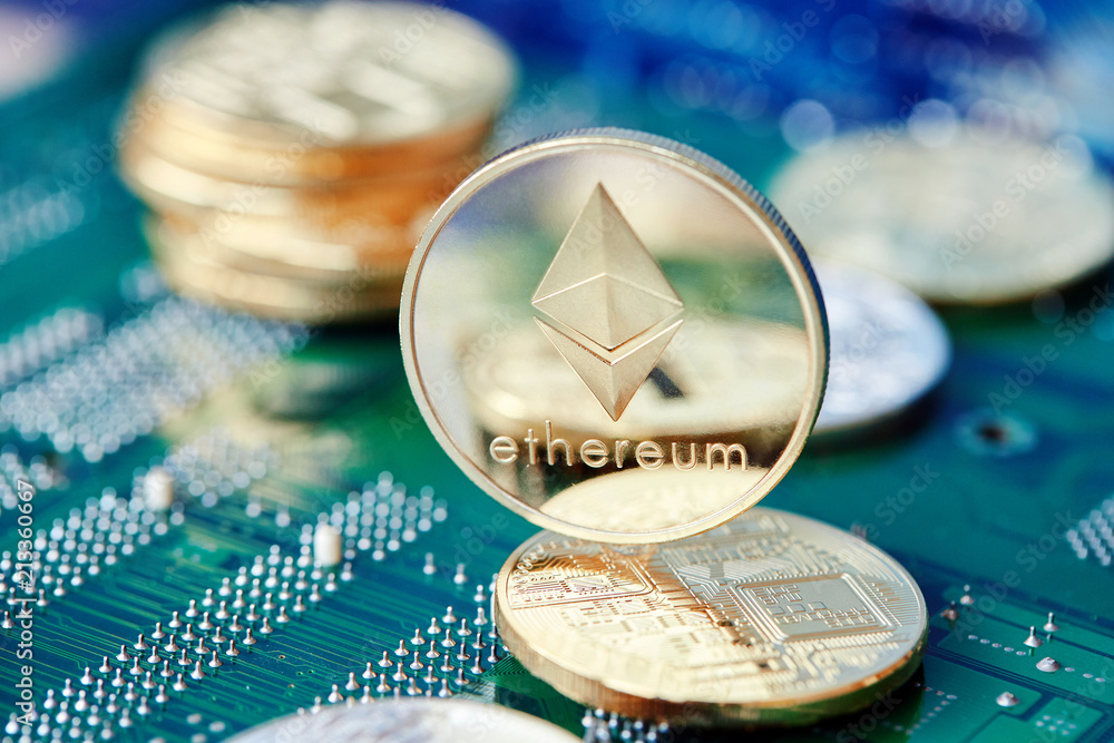 Stack of cryptocurrencies on motherboard. Bitcoin as most important cryptocurrency concept. 3D illustration