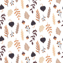 Autumn Seamless Pattern With Wild Floral Elements. Hand Drawn Leaves, Flowers, Herbs, Acorns. Vector Wallpaper.