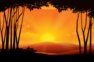 Wall Mural - Sunset on the horizon over the mountain landscape. Vector illustration