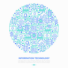 Wall Mural - information technology in circle thin line icons: social network, system backup, search, lan network