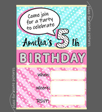 Vector Invitation Template For Girly Party. Cute Invite Card For Birthday, Baby Shower For Girl. Trendy Doll Style. Blue, Pink And Yellow Funny Pattern. Holiday Background For Kids. Black Polka Dots 