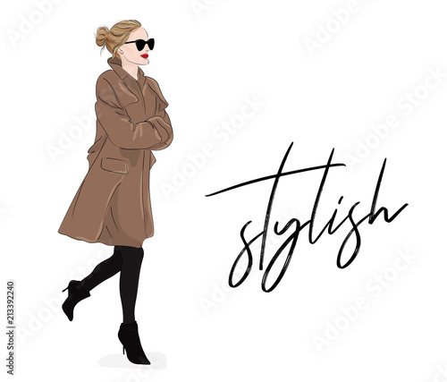 Vector Fashion Illustration Girl In Beige Coat And Sunglasses Spring Autumn Model Drawing Poster Magazine Stulish Look Cute Elegant Business Outfit Beauty Shopping Sketch Buy This Stock Vector And Explore Similar