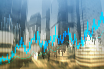 Stock trading candlestick chart and diagrams on blurred office center background.