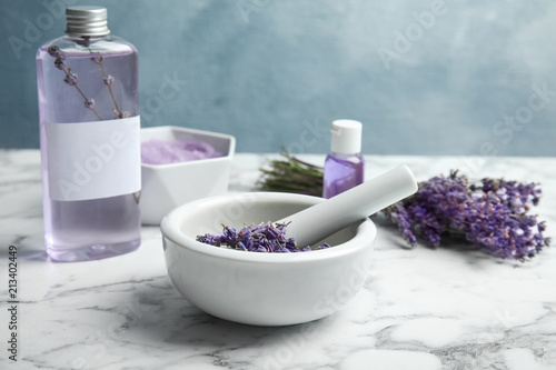 Obraz Dibond Composition with lavender flowers and natural cosmetic on table