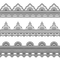 Set of seamless borders for design, application of henna, Mehndi and tattoo. Decorative pattern in ethnic oriental style.