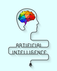 Artificial intelligence concept with colorful low poly brain and wire forming the head and words 