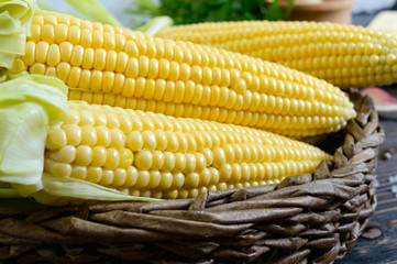 Wall Mural - Raw sugar corn, sea salt, spices, herbs, butter on a dark wooden table. Close-up.