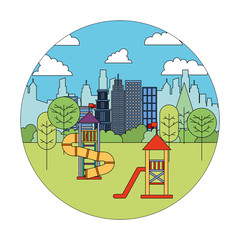 Poster - amusement park with trees plants and cityscape