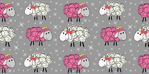 Vector seamless pattern with a sheep. Illustration of a cartoon sheep. Prints for textiles. Substrate for children's wallpaper.