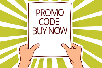 Text sign showing Promo Code Buy Now. Conceptual photo Giving great discount by entering special words Paper page capital reporting cardboards placards signboards pattern.