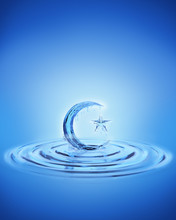 Splash Ripple Of Liquid Fresh Blue Water In Form Of Crescent Moon And Star, Design Creative Concept Of Islamic Celebration Day Ramadan Kareem Or Eid Fitr Adha, 3d Rendering Illustration.