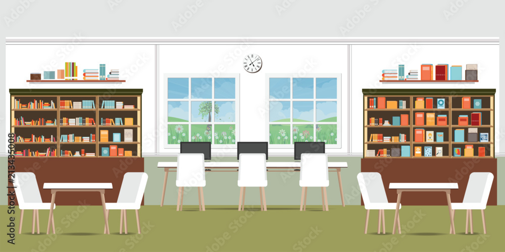 Modern library interior with bookshelves. Stock Vector | Adobe Stock