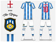 © tondruangwit - Soccer jersey or football kit template for football club. Blue and white stripe football shirt with sock and short mock up. Front and back view soccer uniform. Football logo and Flag label. Vector.
