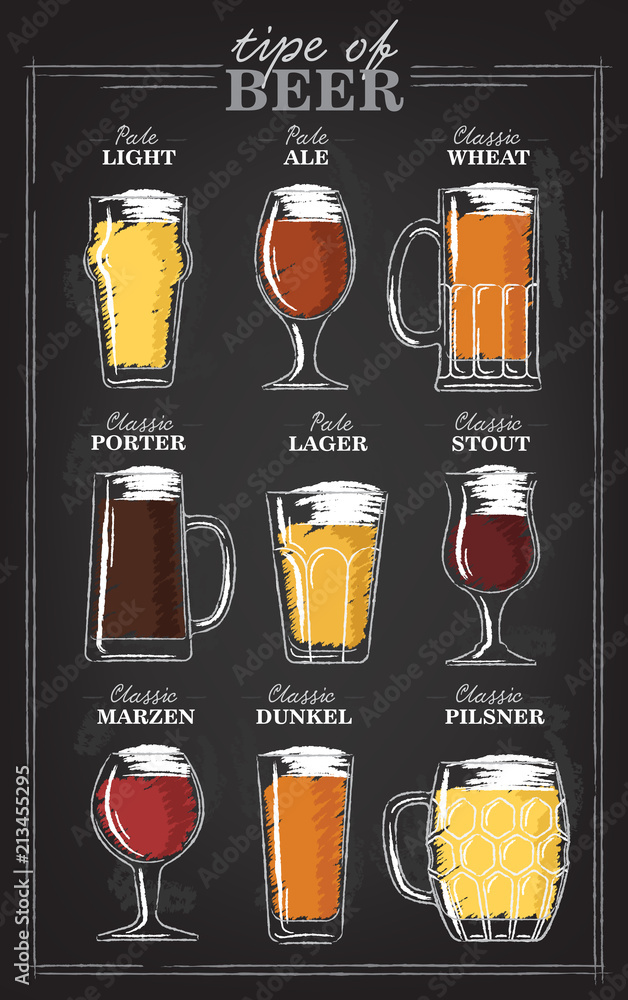 Beer types. A visual guide to types of beer. Various types of beer in ...