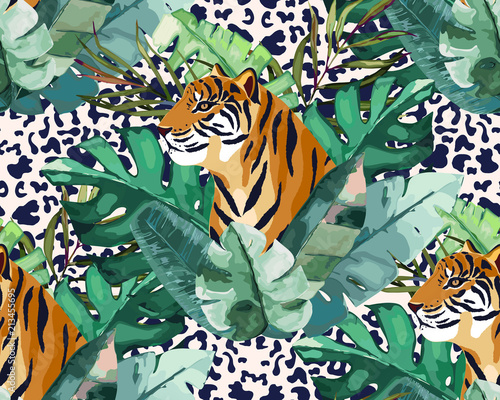 Exotic seamless pattern. Tropical leaves and tiger. Vector illustration. Wate...