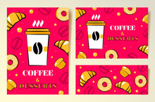 Set Of Coffee Design Templates With Graphic Elements And Red Background. 