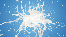 Milk Or Yogurt Explosion In Slow Motion. 3D Illustration Of White Liquid Cream Drops Splash Isolated On Blue. 4K Bright White And Blue Design Element