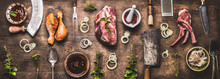 Flat Lay Of Various Grill And Bbq Meat : Chicken Legs, Steaks, Lamb Ribs With Vintage Kitchenware Kitchen Utensils:  Meat Fork And Butcher Cleaver And Herbs Knife. Sauces And Ingredients For Grilling,