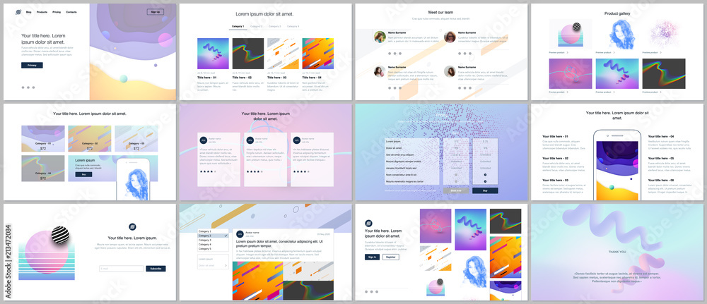 Vector templates for website design, minimal presentations, portfolio with geometric colorful patterns, gradients, fluid shapes. UI, UX, GUI. Design of headers, dashboard, features page, blog etc. - obrazy, fototapety, plakaty 