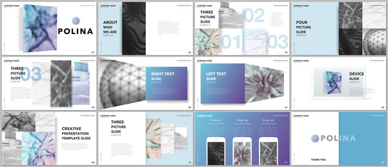 Wall Mural - Minimal presentations design, portfolio vector templates with elements on white background. Multipurpose template for presentation slide, flyer leaflet, brochure cover, report, marketing, advertising.