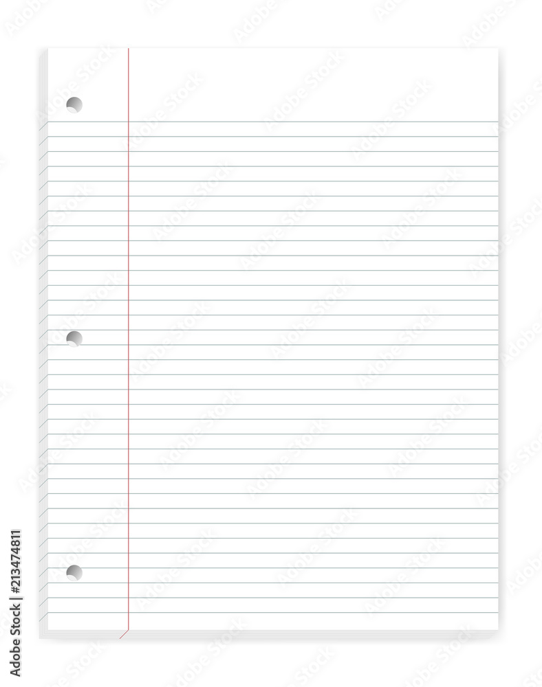 Three hole punched filler paper with margin isolated on white mockup