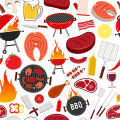 Wall Mural - Vector barbecue icons seamless pattern or background