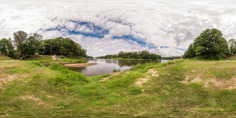 Wall Mural - full seamless spherical panorama 360 by 180 degrees angle view on the shore of width river in summer day in equirectangular projection, skybox VR virtual reality content