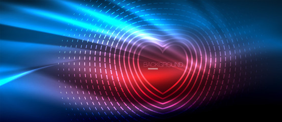 Neon glowing wave, magic energy and light motion background. Wallpaper template, hi-tech future concept