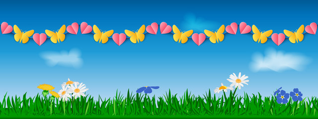 seamless horizontal garland of yellow paper butterflies and pink hearts against the background of gr