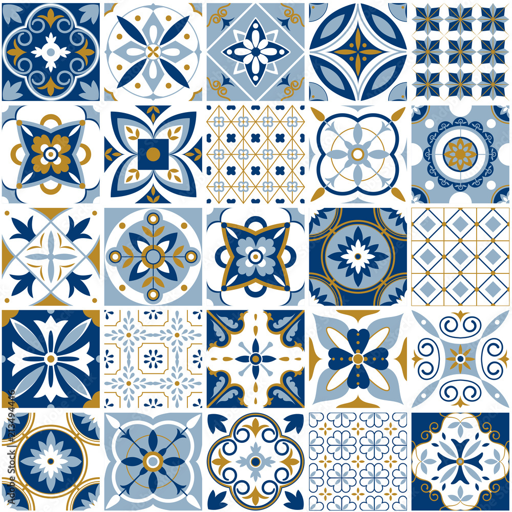 Moroccan pattern. Decor tile texture with blue ornament. Traditional arabic and indian pottery tiling seamless patterns vector set - obrazy, fototapety, plakaty 
