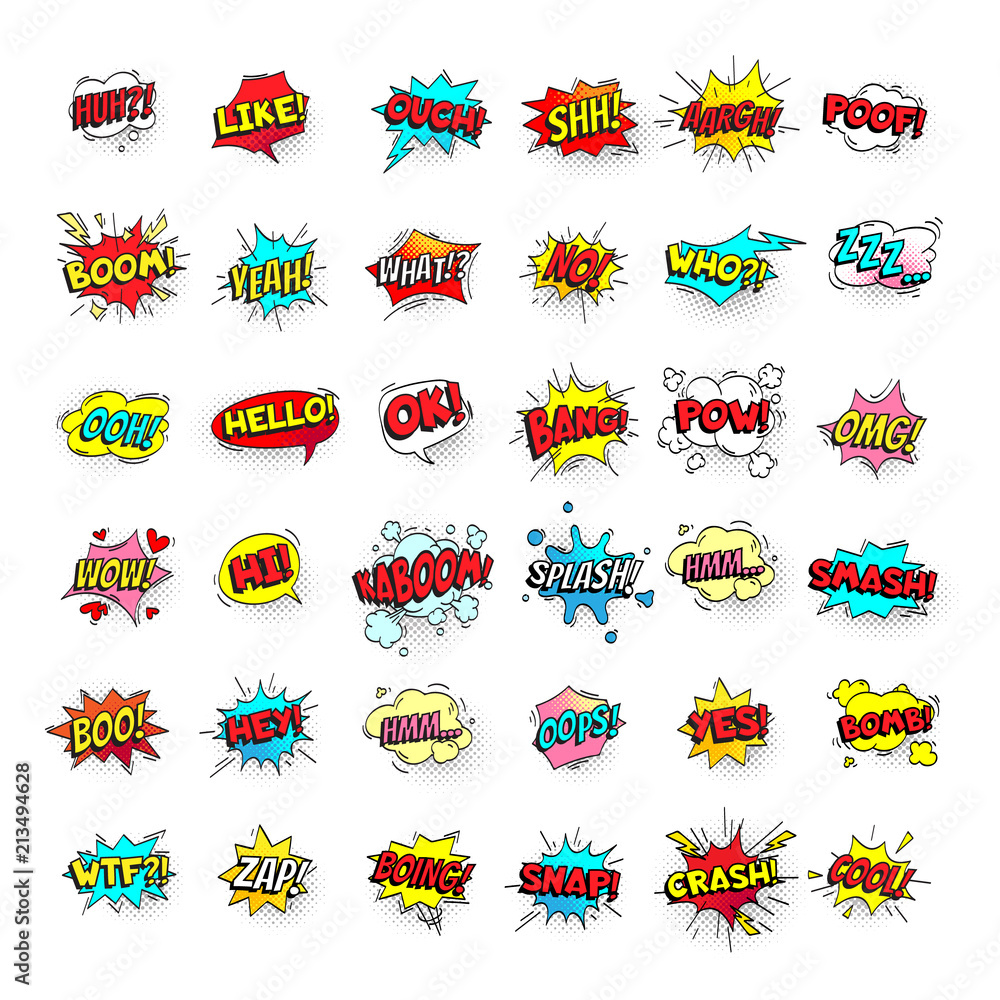 Comic bubbles. Cartoon text balloons. Pow and zap, smash and boom expressions. Speech bubble vector pop art stickers isolated - obrazy, fototapety, plakaty 