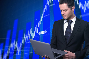 Poster - businessman with laptop and stock market screen