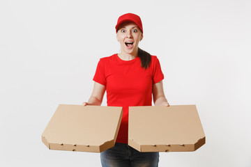 Woman in red cap t-shirt giving food order pizza boxes isolated on white background. Female pizzaman courier holding italian pizza in clear empty cardboard flatbox. Copy space Delivery service concept