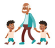 Grandfather with his grandchildren walking. Two boys, twins. He takes them by the hand. Cartoon style, isolated on white background. Vector illustration.