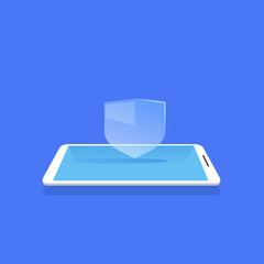 Wall Mural - shield protection icon mobile database privacy guard application blue background flat vector illustr