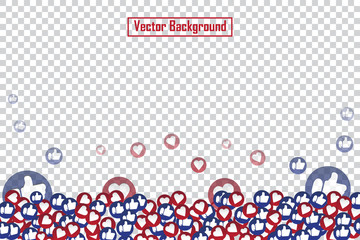Wall Mural - Social nets blue thumb up like and red heart floating web buttons isolated on transparent background. Like and heart icons for live stream video chat likes falling background vector design template