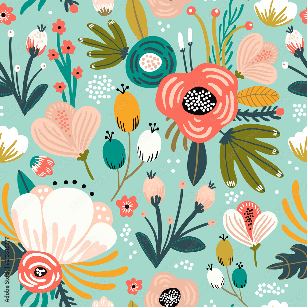 Seamless pattern with flowers,palm branch, leaves. Creative floral texture. Great for fabric, textile Vector Illustration - obrazy, fototapety, plakaty 