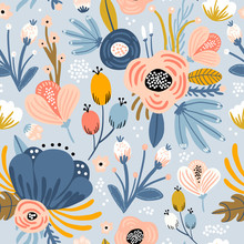 Seamless Pattern With Flowers,palm Branch, Leaves. Creative Floral Texture. Great For Fabric, Textile Vector Illustration