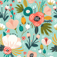 seamless pattern with flowers,palm branch, leaves. creative floral texture. great for fabric, textil
