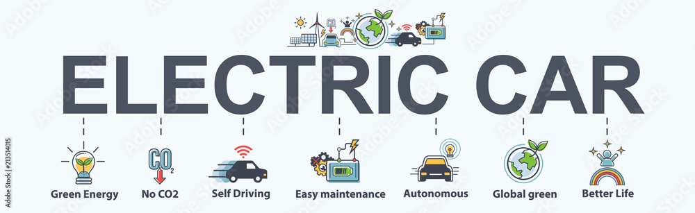 Electric vehicle banner web icon for business and technology, green enegy, self driving, autonomous and EV fuel Plug in hybrid car. Minimal vector infographic.