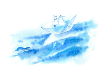 Sailor In A Boat And A Dolphin.Sea Sketch.Watercolor Hand Drawn Illustration.White Background. 