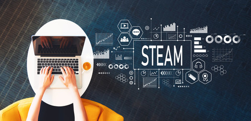 Sticker - STEAM with person using a laptop on a white table