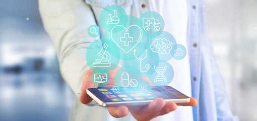 Wall Mural - businessman holding medical icon and connection 3d rendering