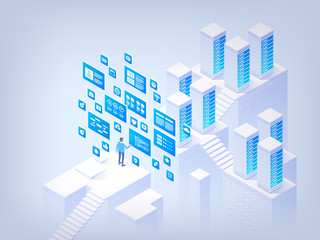 Database management. Concept of hi tech isometric vector illustration