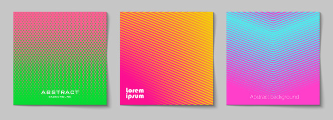 set of square abstract backgrounds with halftone pattern in neon colors. collection of gradient text