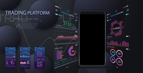 Wall Mural - Market trade. Binary option. Trading platform, account. Money Making, business. Market analysis. Investing. Screen of user interface for phone, laptop, tablet. Modern 3d trade app